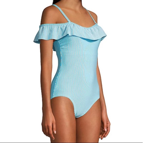 Women's Lands' End Tummy Control Seersucker Ruffle Off-the-Shoulder Size 12 - Picture 1 of 16